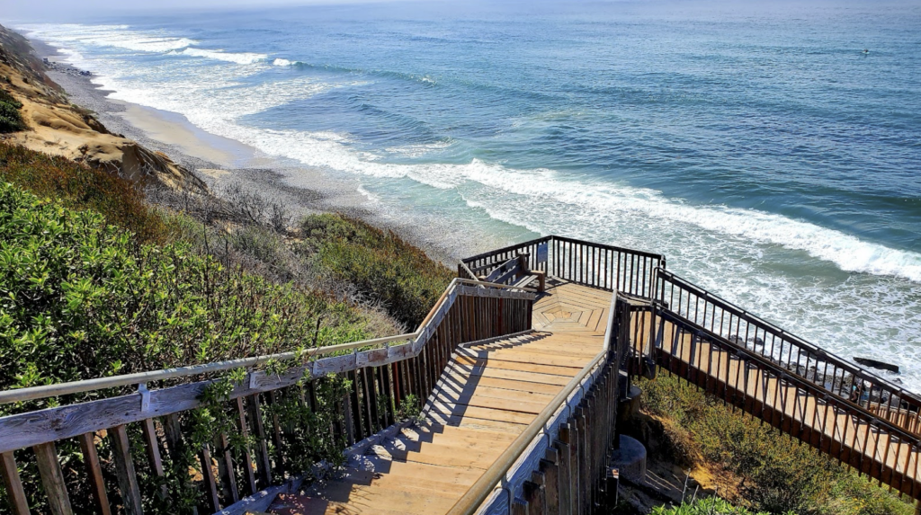 Carlsbad California coastline and Pacific Ocean viewed from coastal bluff stairs